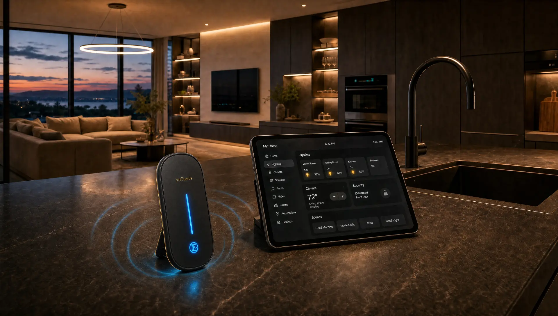 Modern connected smart home at dusk